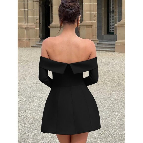 Women's Off Shoulder Long Sleeve Mini Dress Polyester Bodycon Party Dress - Picture 3 of 7